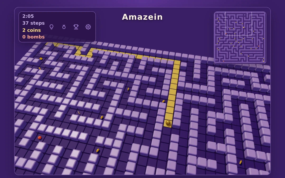 Amazein in play: a violet maze in 3D seen from above and behind the gold ball, the route it has already taken lit in gold, coins and a bomb waiting further in, and the whole maze on the minimap in the corner.