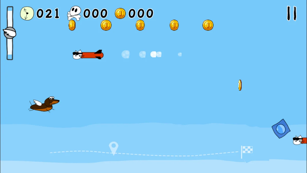 Dashing Ralph in play: the winged dachshund flying over water, a jetpack cat on a rocket ahead of him, a line of coins above.