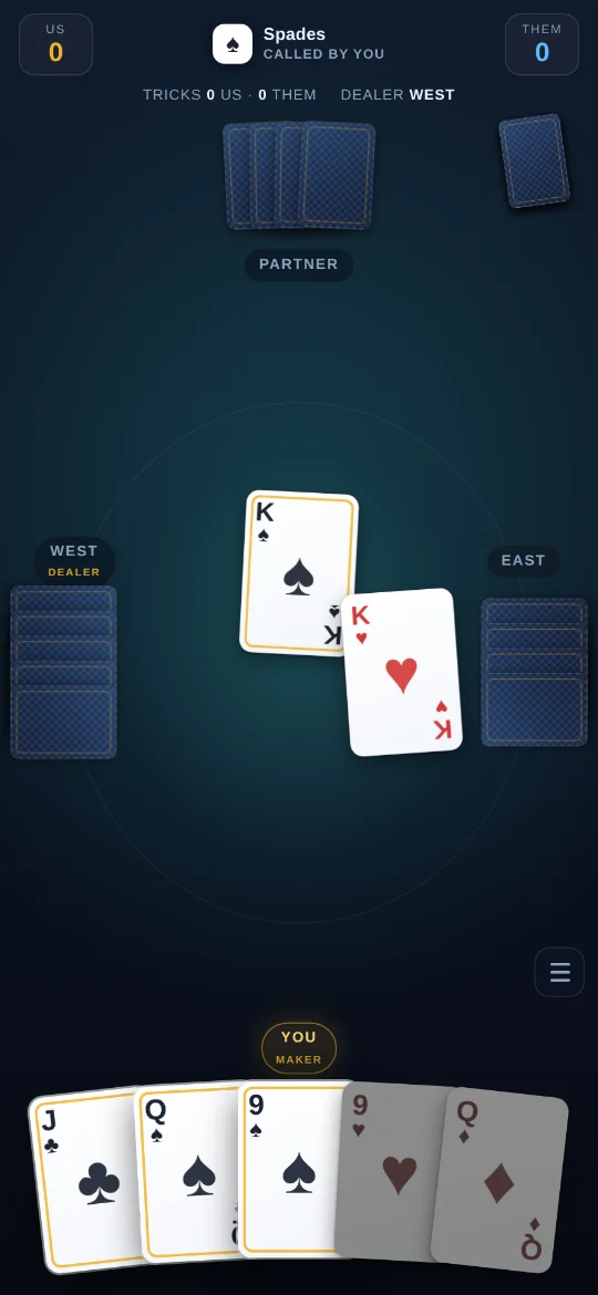 Euchre in play: spades called by you, two kings on the table, your hand fanned below.