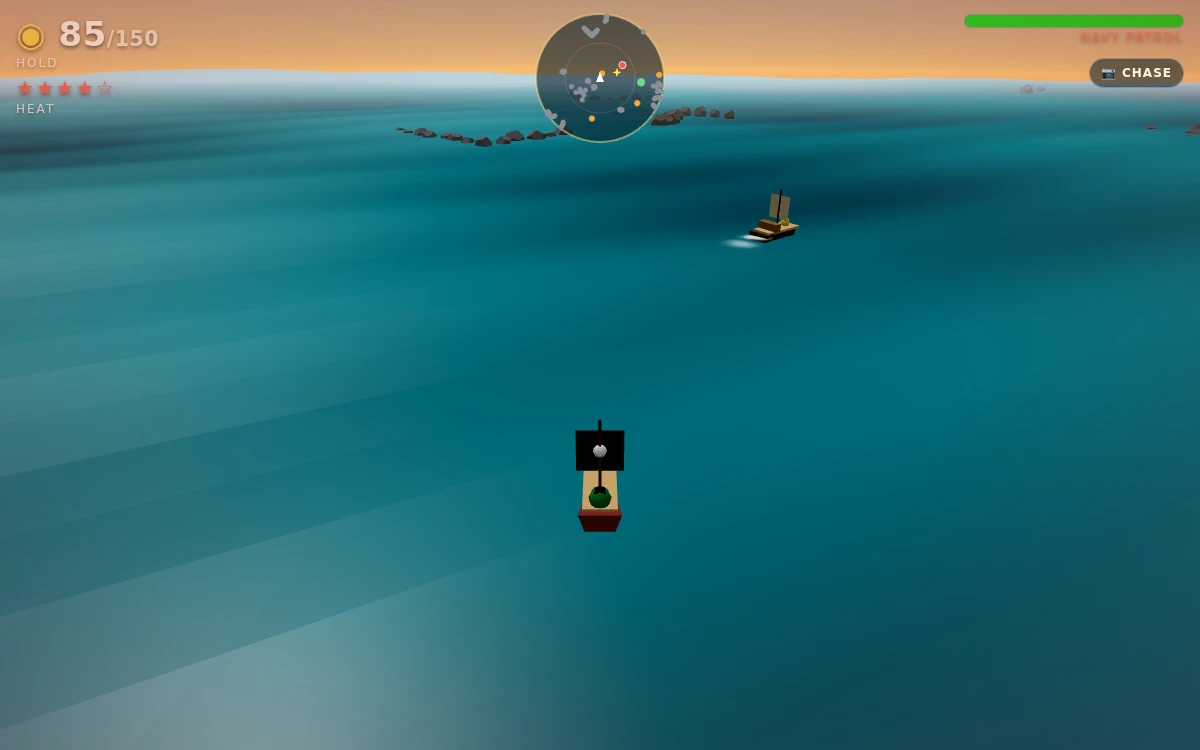 Fruit Pirates in play: the player's ship under a black sail on a teal sea at sunset, with a merchant under way ahead of it and reef rocks along the horizon.