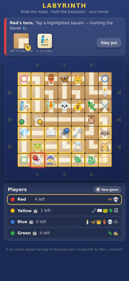 Labyrinth in play: a seven by seven maze of brown path tiles on a deep blue board, treasures on a dozen of them, and the reachable squares outlined in yellow around the red player's pawn.
