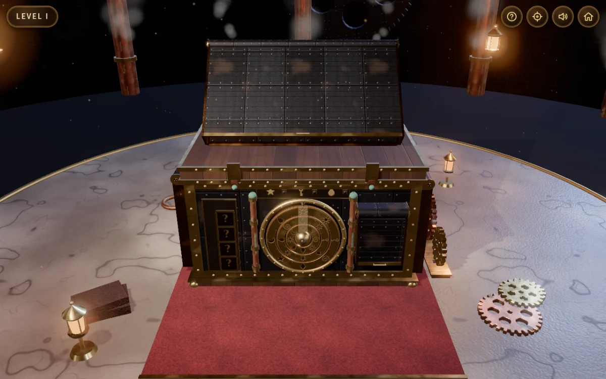 Latchwork in play: a brass machine on a marble table, a dial in the middle of its front panel, a column of four empty windows to its left and a shuttered mechanism to its right, loose gears on the table beside it, and brass lanterns and copper pipes around the room.