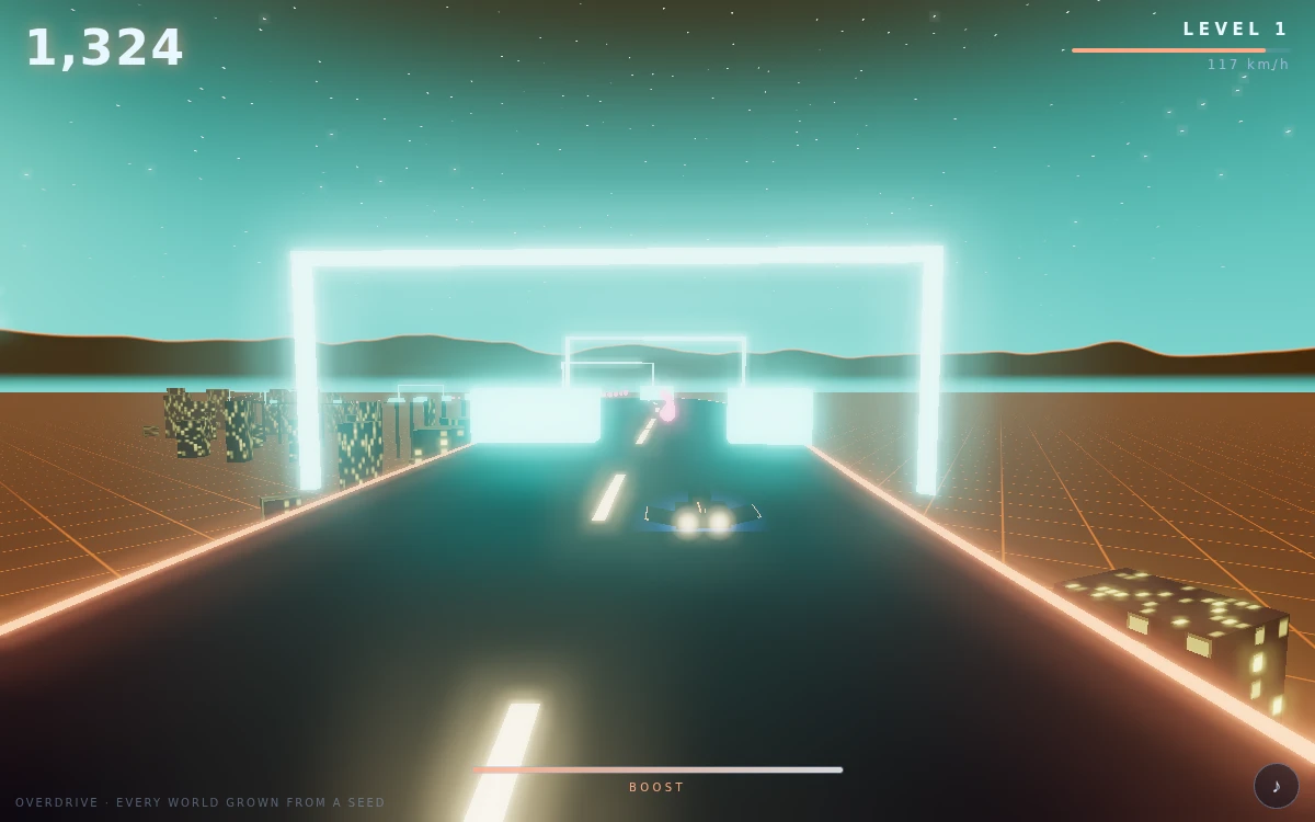 Overdrive in play: the ship on a dark highway under a teal sky, with a lit arch gate spanning the road ahead and an orange grid floor to either side.