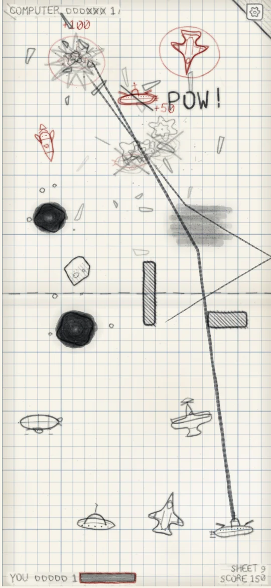 Pencil Fleet at sheet 9: a pencil line off the edge of the graph paper into two of theirs.