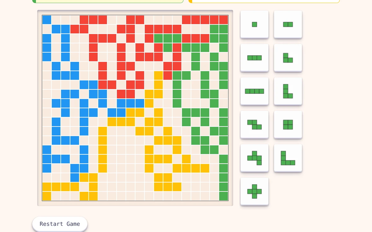 Squarely in play: a twenty by twenty board on cream, half covered by blue, red, green and yellow blocks meeting at their corners.