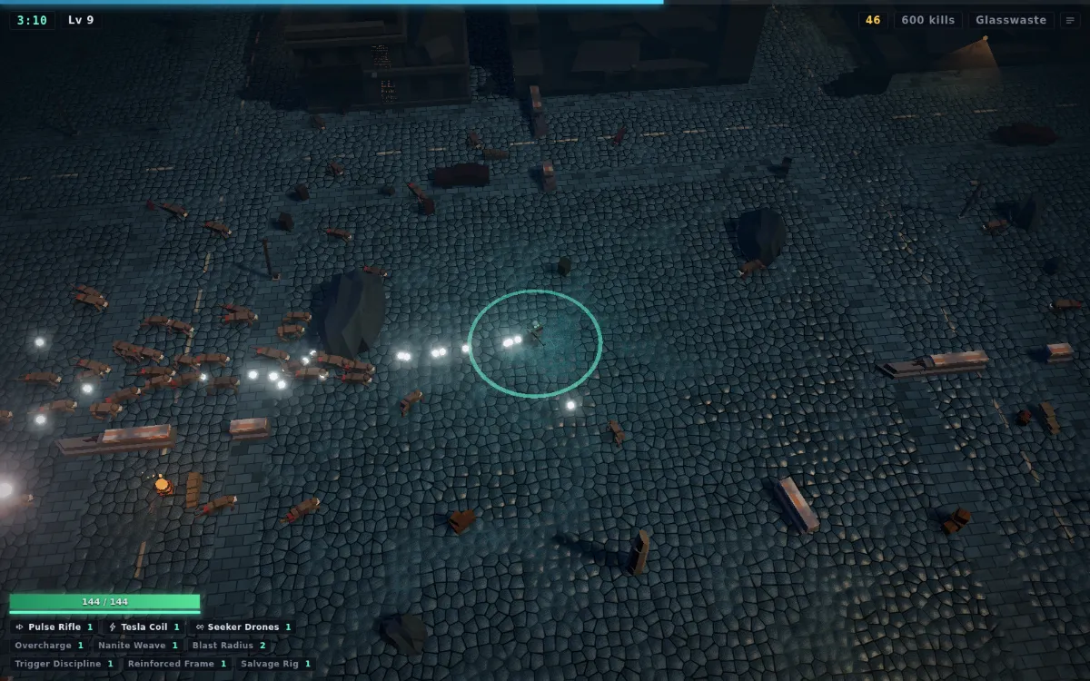 Surveeve in play: the survivor lit inside a green ring on a cobbled street at night, a line of shots running out to a crowd of bodies at the left, wrecked buildings along the top, and the loadout of weapons and passives listed across the bottom.