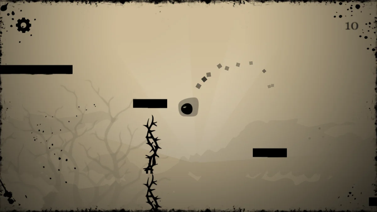Tiny Spirit in play: the spirit arcing between inked ledges over a sepia landscape, thorns below, score 10.
